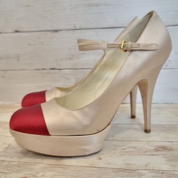 Miu Miu champagne satin platform Mary jane heels with scarlet captoe - Picture 2 of 15